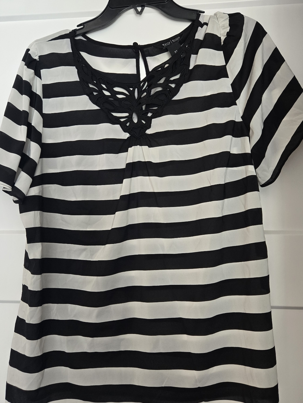 WHBM Black & White Striped Short-Sleeve Top with Lace Yoke